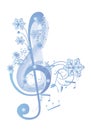 Winter music. Abstract treble clef decorated with snowflakes and notes.